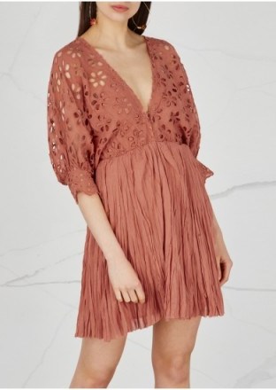 FREE PEOPLE Bella Note eyelet-embroidered mini dress in Coral | plunge front summer fashion - flipped