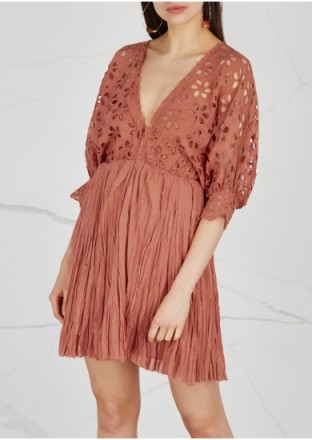 FREE PEOPLE Bella Note eyelet-embroidered mini dress in Coral | plunge front summer fashion