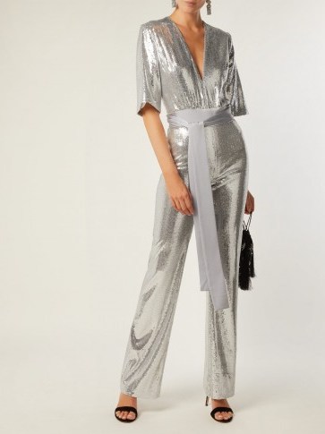 GALVAN Galaxy sequined wide-leg jumpsuit ~ glamorous evenings ~ metallic-silver sequins - flipped
