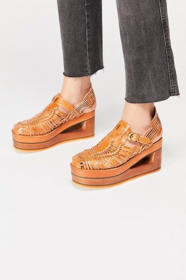 Jeffrey Campbell Gemma Hurrache Wedge in tan | light brown leather & wood cut out slingbacks - flipped