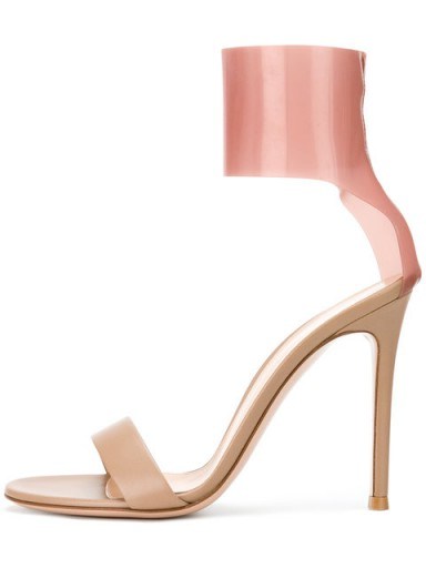 GIANVITO ROSSI pink latex ankle cuff and beige leather toe strap sandals – luxe heels - flipped