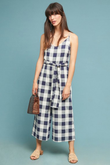 If By Sea – Gingham Tie-Waist Jumpsuit navy / blue and white checks