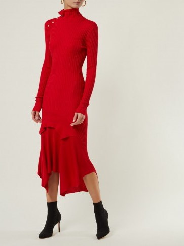 STELLA MCCARTNEY Handkerchief-hem red ribbed-knit dress ~ chic knitwear - flipped