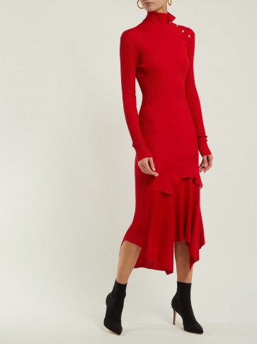 STELLA MCCARTNEY Handkerchief-hem red ribbed-knit dress ~ chic knitwear