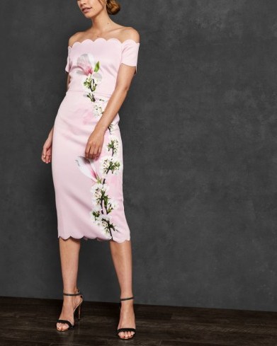 TED BAKER OLYVA Harmony scallop trim Bardot dress on pale pink ~ off the shoulder party wear - flipped