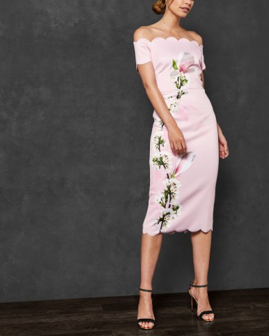 TED BAKER OLYVA Harmony scallop trim Bardot dress on pale pink ~ off the shoulder party wear