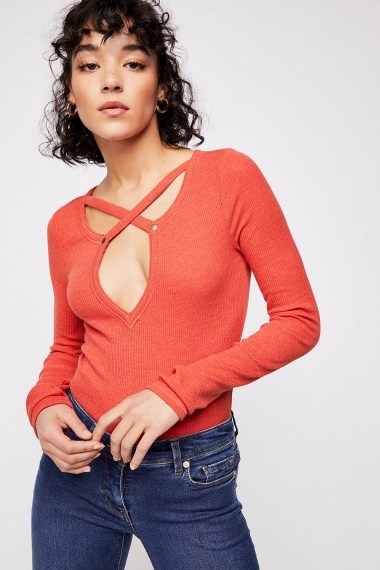 Free People Hayley Long Sleeve Top in Red | plunging cross front tops - flipped