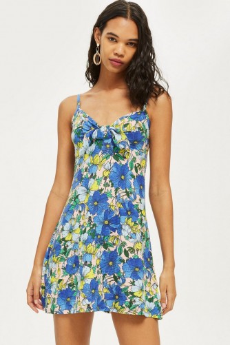 Topshop Heavy Petal Knot Front Mini Sundress | blue floral summer dresses