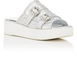 HELENA & KRISTIE Crystal-Buckle Metallic Leather Slide Sandals | luxe silver flatforms