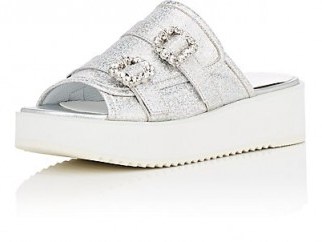 HELENA & KRISTIE Crystal-Buckle Metallic Leather Slide Sandals | luxe silver flatforms - flipped