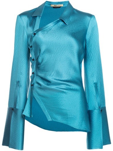 HELLESSY Turquoise silk wrap blouse / glossy fabrics / asymmetric in design - flipped