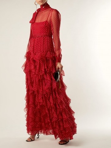VALENTINO High-neck polka-dot chiffon gown ~ red ruffles ~ feminine event dresses - flipped