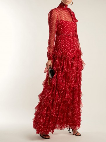 VALENTINO High-neck polka-dot chiffon gown ~ red ruffles ~ feminine event dresses