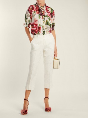 DOLCE & GABBANA High-rise floral-jacquard trousers ~ Italian tailored cropped leg pants