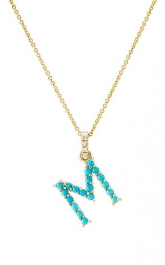 JENNIFER MEYER “M” Pendant Necklace ~ turquoise initial pendants ~ blue stone letter necklaces - flipped