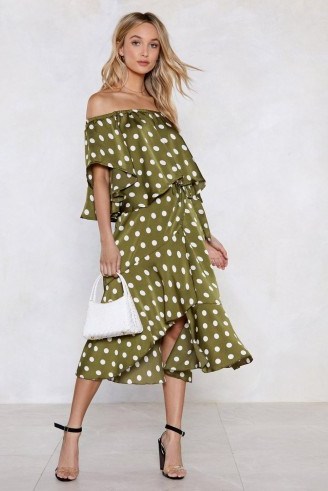NASTY GAL Jet Set for Summer Polka Dot Skirt in olive | green ruffles - flipped