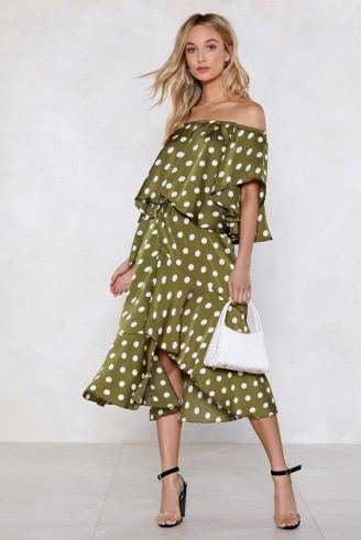 NASTY GAL Jet Set for Summer Polka Dot Skirt in olive | green ruffles