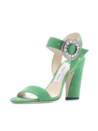 JIMMY CHOO Mischa 100 sandals ~ green suede heels with crystal side buckle - flipped