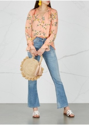 JOIE Bolona floral-print silk blouse in Peach | frilled cuff tops - flipped