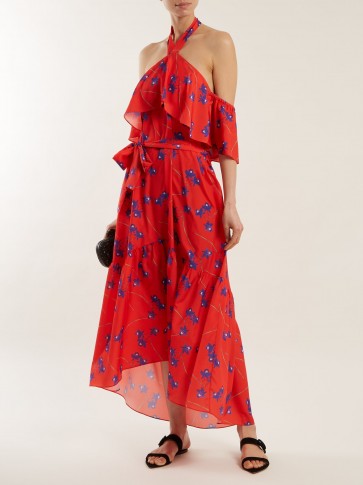 BORGO DE NOR Josephine off-the-shoulder crepe dress / red floral lightweight fabrics