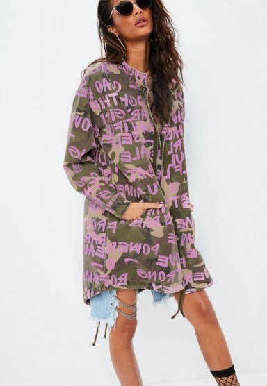 Missguided khaki printed camo longline parker – green and pink print jackets - flipped