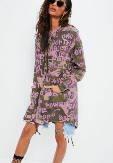 Missguided khaki printed camo longline parker – green and pink print jackets