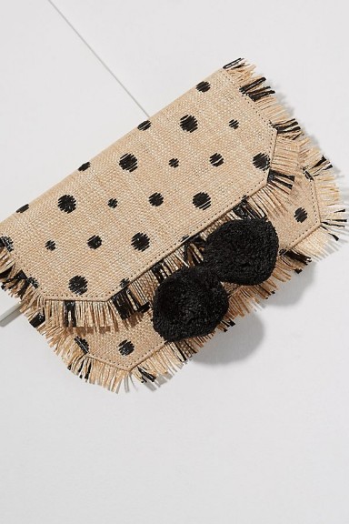 Anthropologie Kinza Embellished-Pommed Clutch | cute neutral toned frayed edge bag