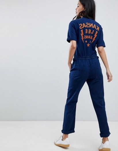 Lee Denim Zip Through Jumpsuit with Embroidered Detail in Dusk blue | zip front overalls - flipped