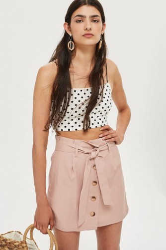 TOPSHOP Linen Button Paperbag Skirt in Dusty Pink