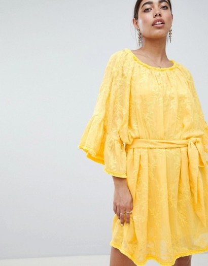 Lost Ink Off Shoulder Embroidered Mini Dress With Tie Waist in Yellow – boho summer fashion - flipped