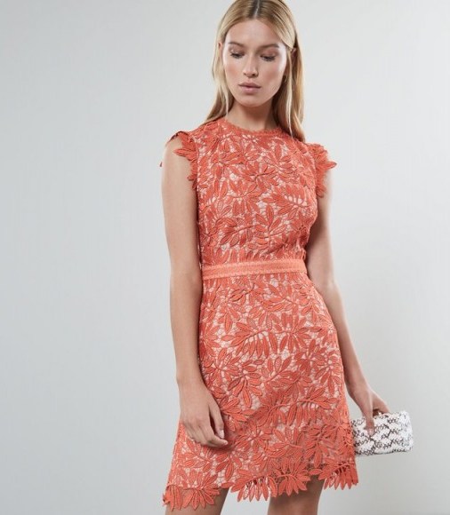 REISS MAIKA OPEN-BACK LACE DRESS CORAL ~ open back ~ floral cut-out trim - flipped