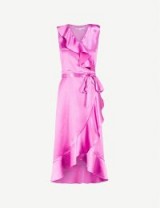MAJE Wrap front satin dress in fuchsia – hot pink ruffles