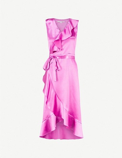 MAJE Wrap front satin dress in fuchsia – hot pink ruffles - flipped