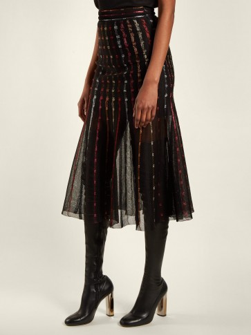 ALEXANDER MCQUEEN Metallic-knit pleated midi skirt ~ semi sheer clothing ~ metallic threads
