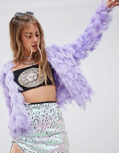 Motel Festival Jacket In Shaggy Knit in lilac - flipped
