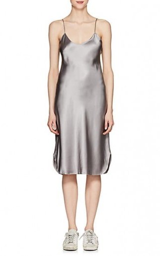 NILI LOTAN Grey Silk Charmeuse Midi-Slipdress | curved hem cami dress - flipped