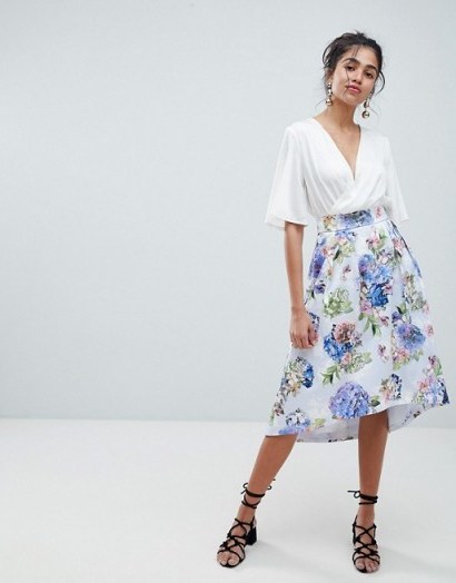Oasis Floral Bloom Print Dip Hem Midi Skirt – summer fashion – feminine style - flipped