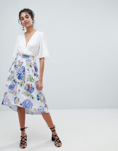 Oasis Floral Bloom Print Dip Hem Midi Skirt – summer fashion – feminine style
