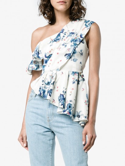 Off-White X Browns Floral Print Off-Shoulder Asymmetric Ruffle Top