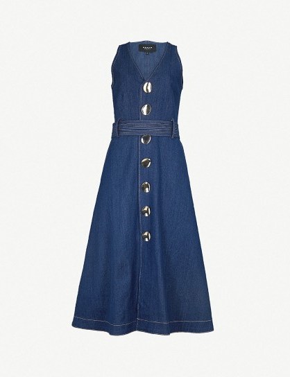 PAPER LONDON Wallace stretch-denim midi dress in blue | sleeveless fit and flare - flipped