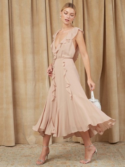 Reformation Paradise Dress in Champagne | floaty ruffle trim | plunging necklines - flipped