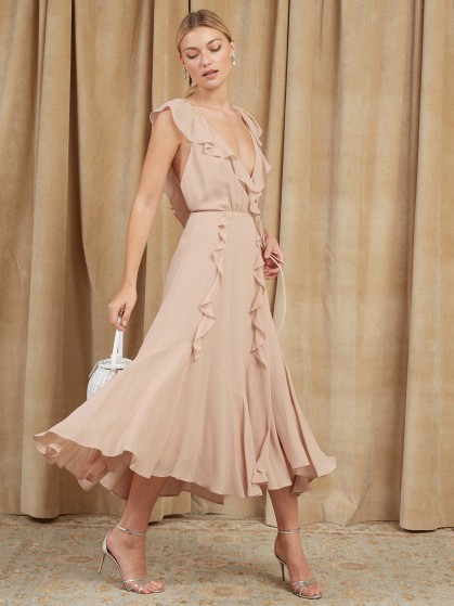 Reformation Paradise Dress in Champagne | floaty ruffle trim | plunging necklines