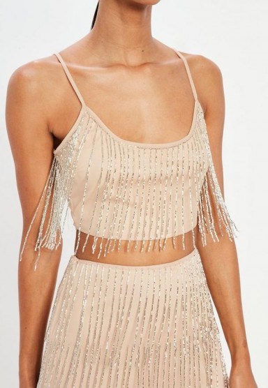 peace + love nude fringe embellished crop top – cropped evening camisole - flipped