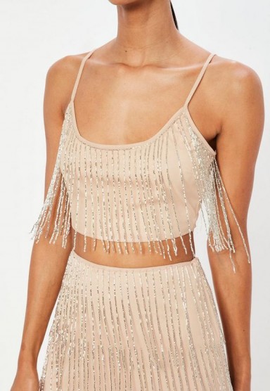 peace + love nude fringe embellished crop top – cropped evening camisole