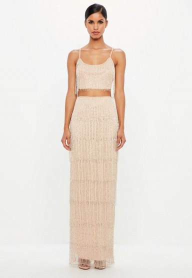 peace + love nude fringe embellished maxi skirt – luxe style going out fashion