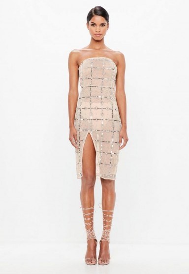 peace + love nude grid embellished bandeau midi dress – sheer light pink strapless party dresses - flipped