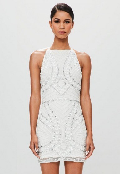 MISSGUIDED peace + love white halterneck embellished mini dress – luxe party fashion - flipped