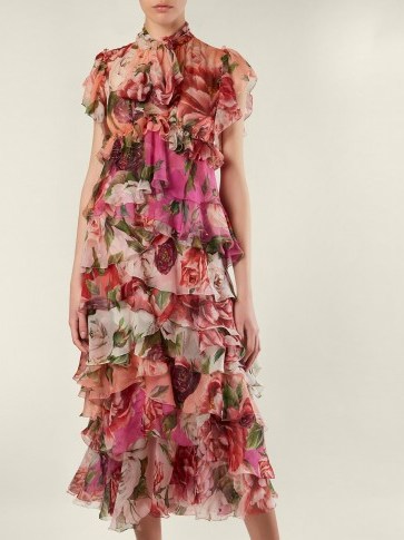 DOLCE & GABBANA Peony and rose-print tiered chiffon midi dress ~ feminine ruffles ~ beautiful Italian clothing - flipped