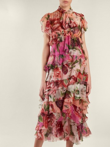 DOLCE & GABBANA Peony and rose-print tiered chiffon midi dress ~ feminine ruffles ~ beautiful Italian clothing