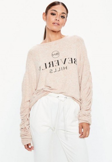 MISSGUIDED pink beverly hills slogan brushed sweatshirt ~ casual tops - flipped